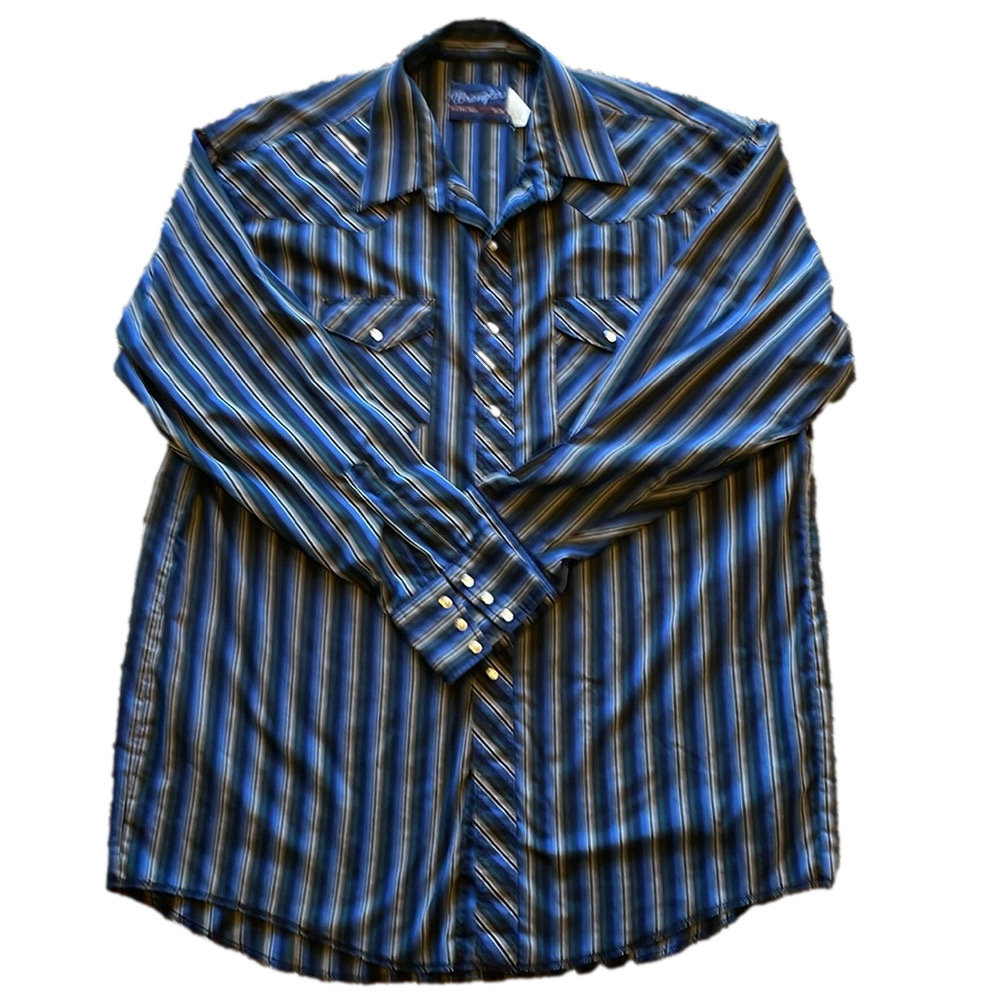 Wrangler Mens XXL Vintage 70’s Western Xtra Long Blue Striped Long Sleeve Shirt